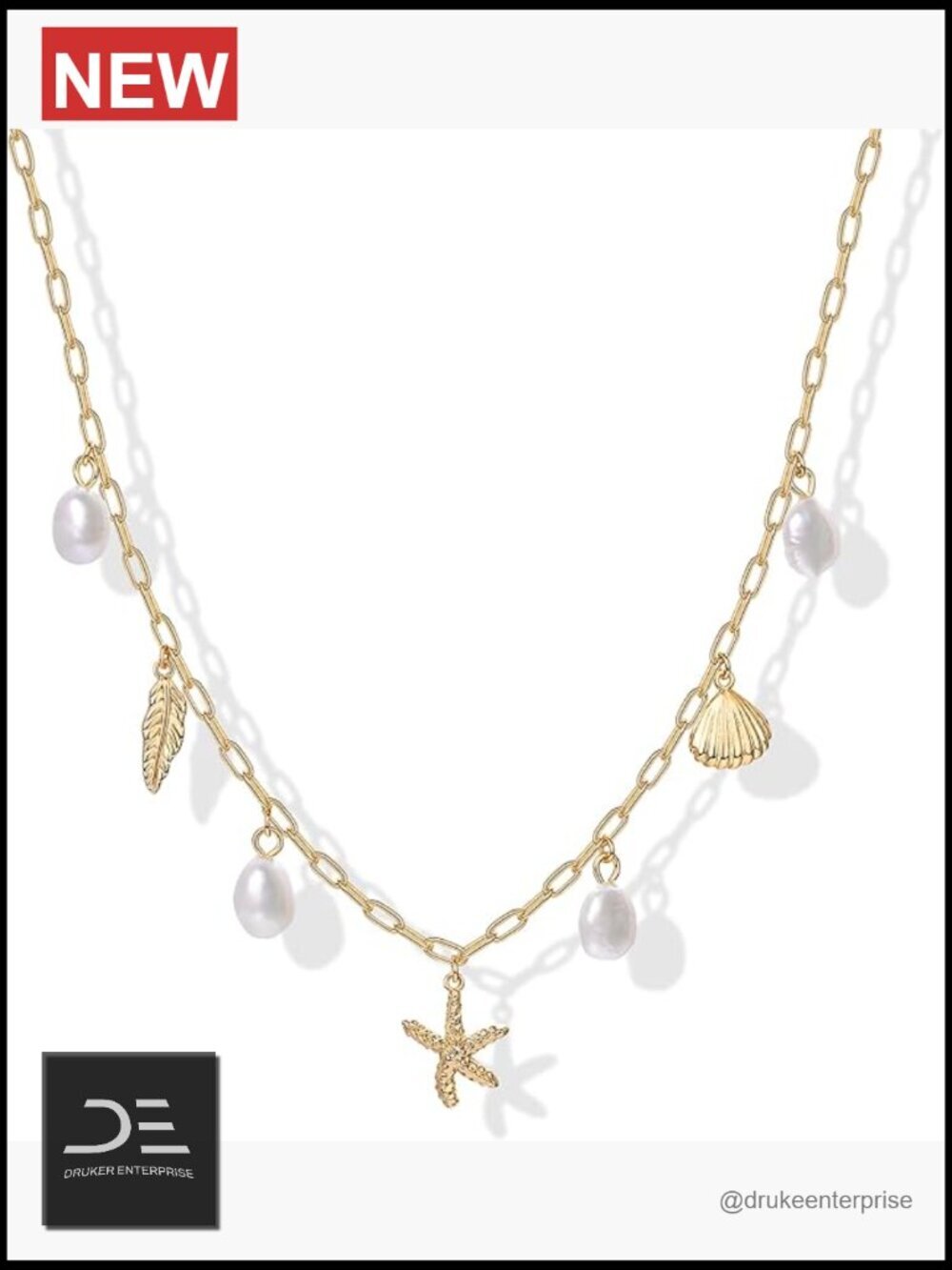 14K Gold Plated Beach Charm Necklace Dainty Paperclip Chain Multi Charm Pearl